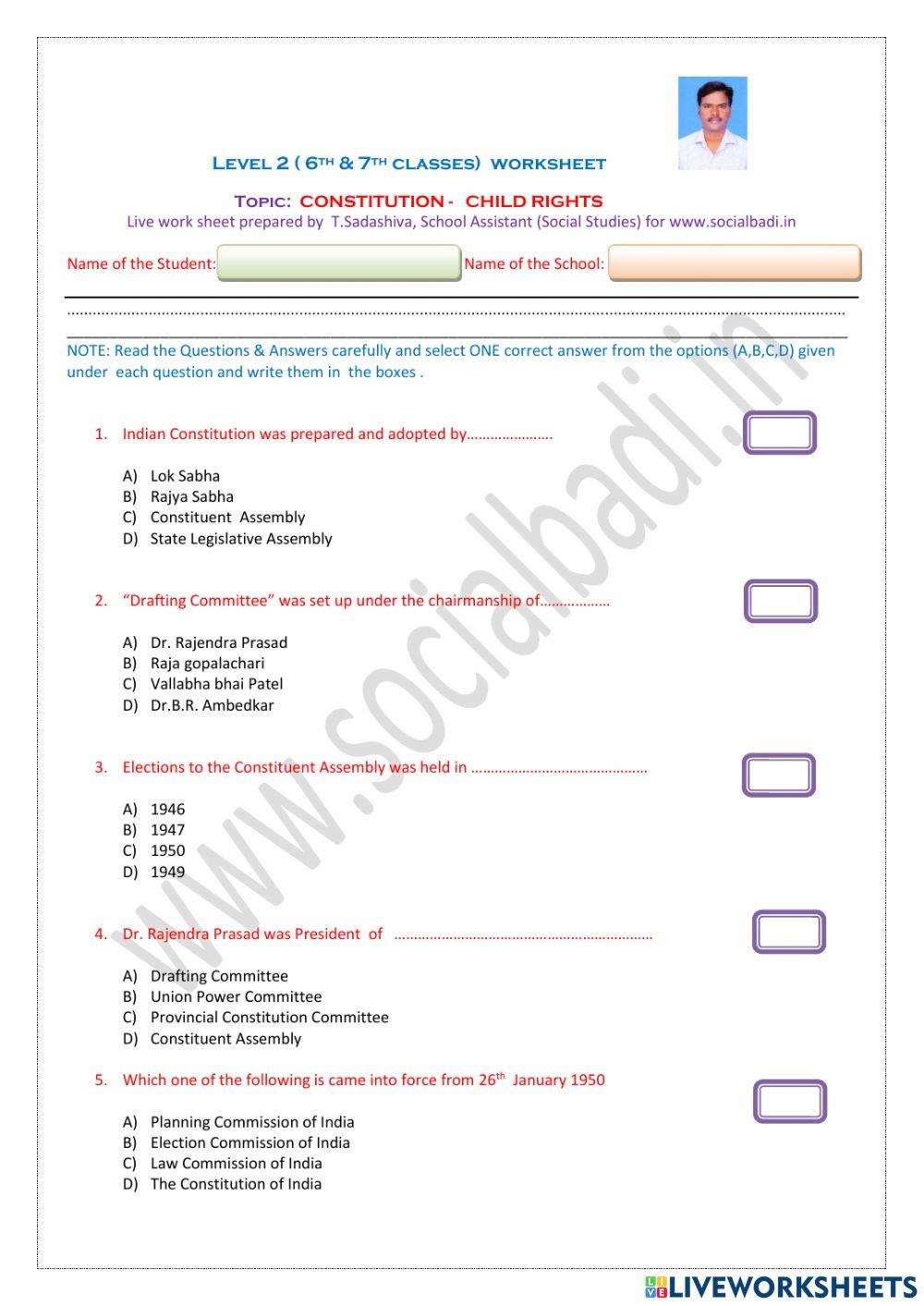 Constitution - child rights - level 2n(6th & 7th classes -ts) worksheet
