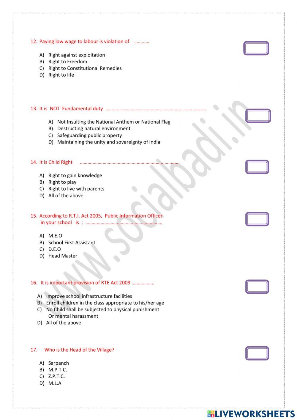 Constitution - child rights - level 2n(6th & 7th classes -ts) worksheet