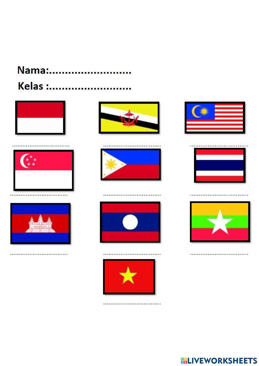 Tulislah nama negara ASEAN berdasarkan benderanya!