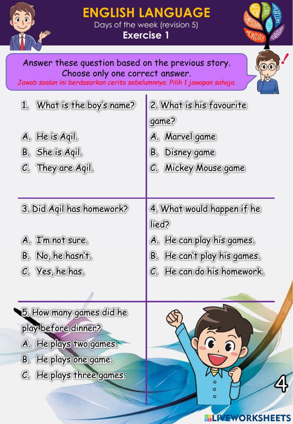 Days of the week (Revision 5) - reading comprehension -match and write
