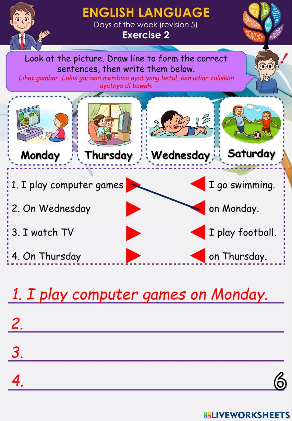 Days of the week (Revision 5) - reading comprehension -match and write