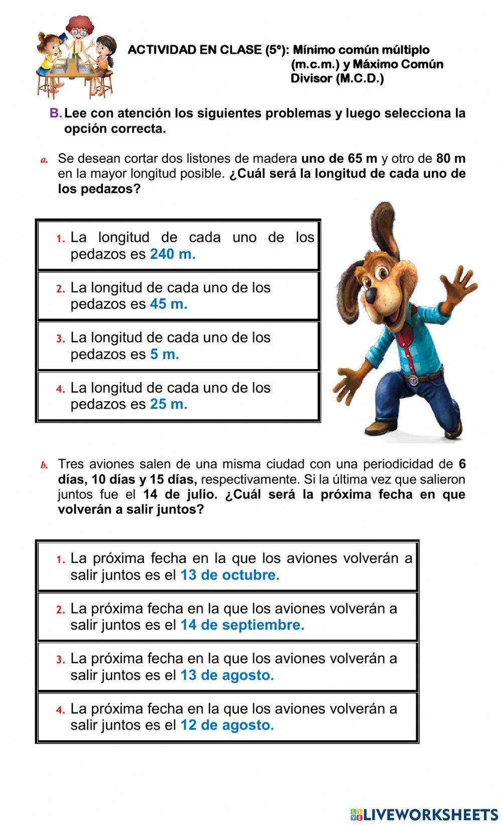 MATEMÁTICAS. Mínimo común múltiplo y Máximo Común Divisor. 5°.