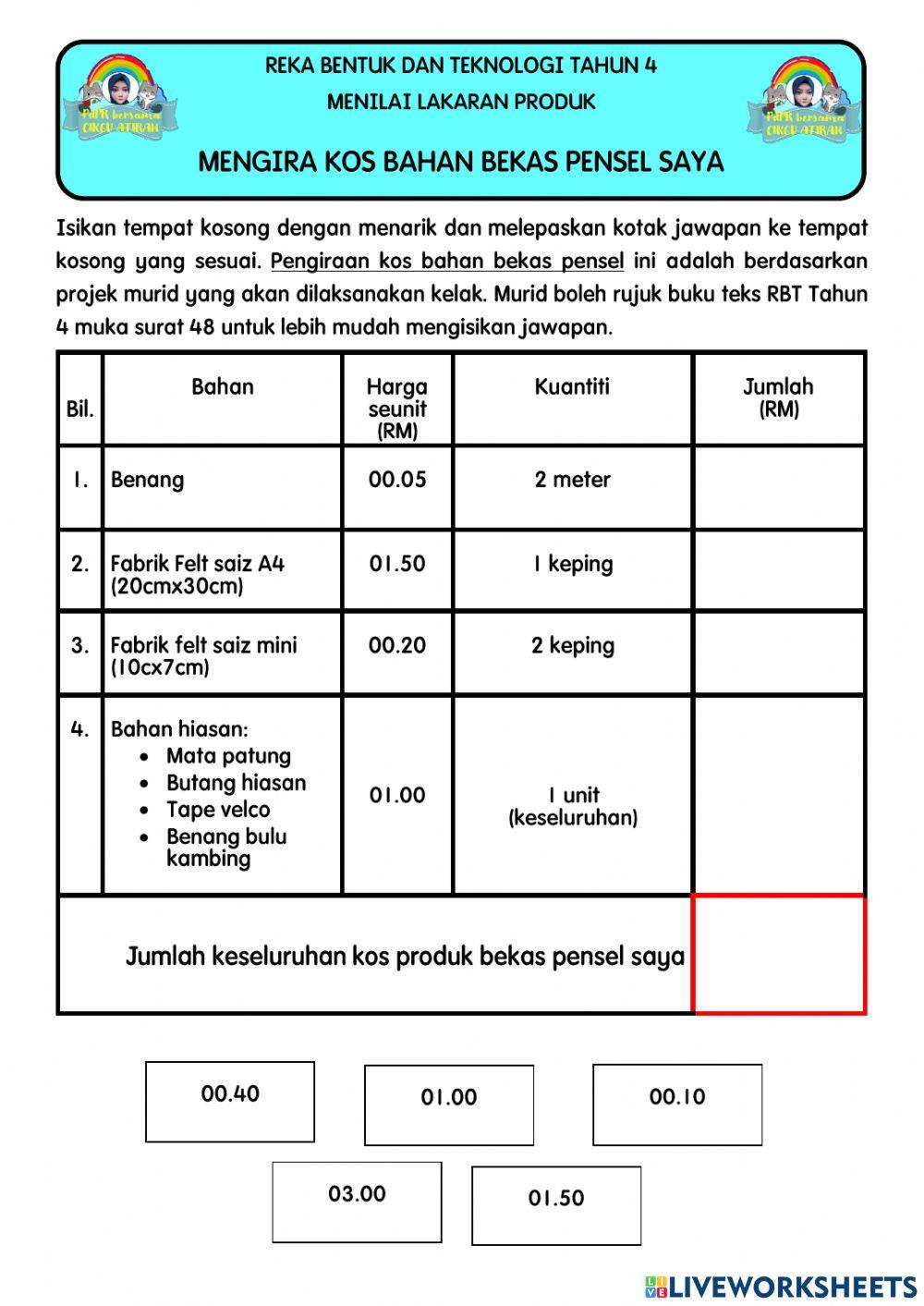 Menilai Lakaran dan Mengira Kos Bahan Produk Bekas Pensel Saya