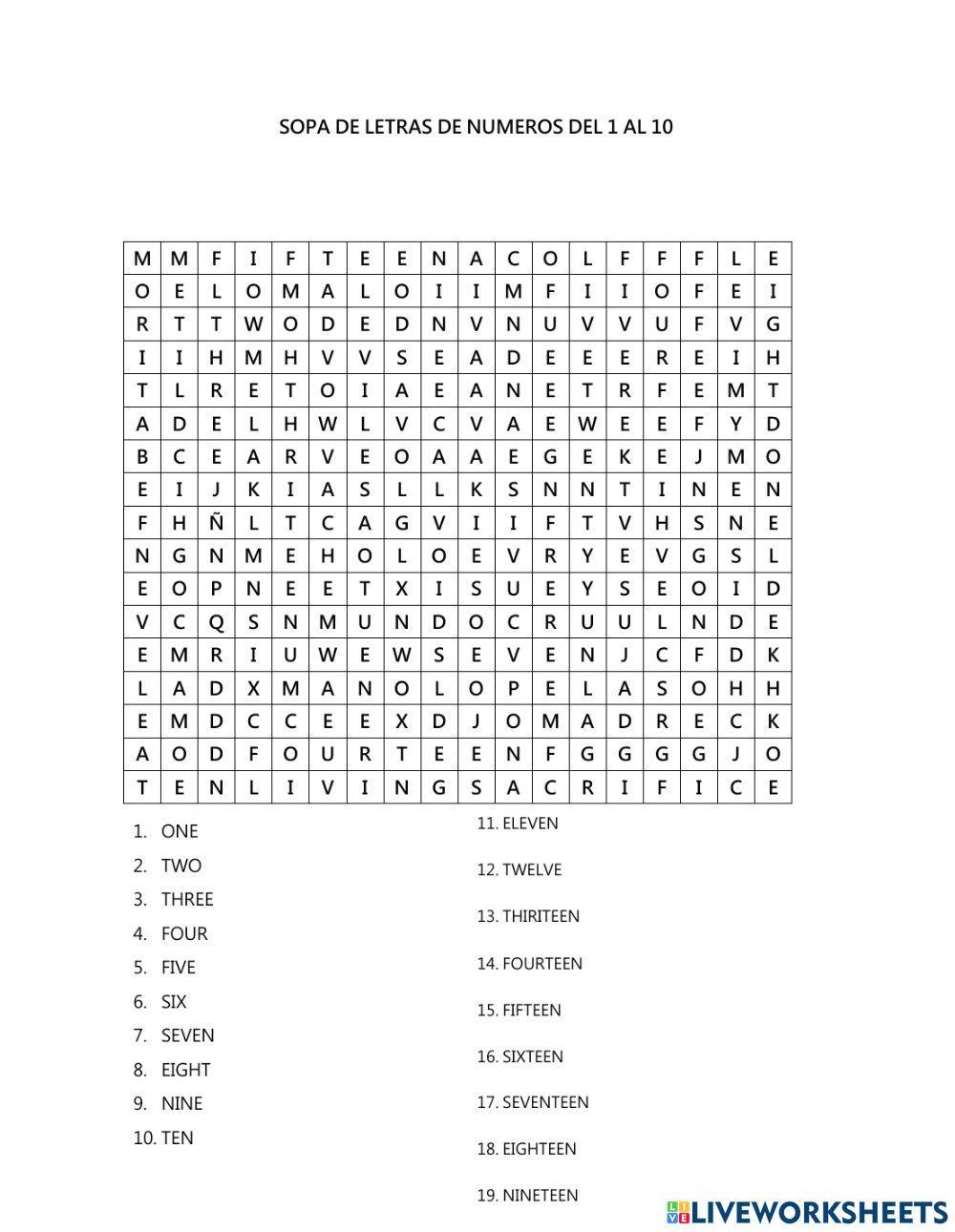 Sopa de letras de numeros del 1 al 20 en ingles
