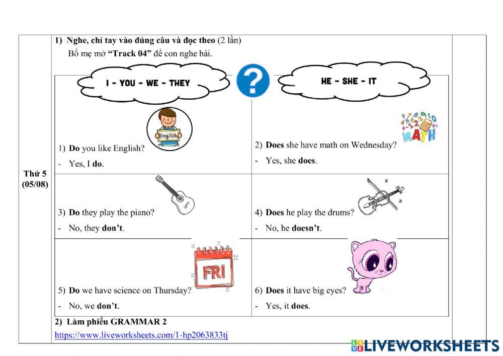 Phiếu giao bài Tiếng Anh tuần từ 02 đến 06.8