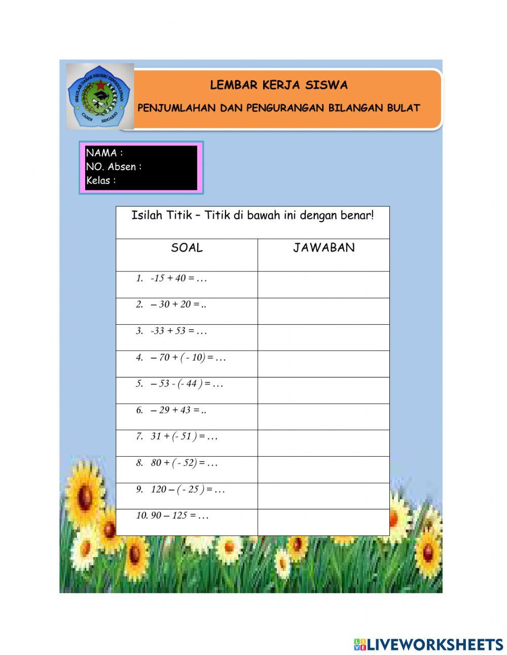 Penjumlahan dan Pengurangan Bilangan Bulat