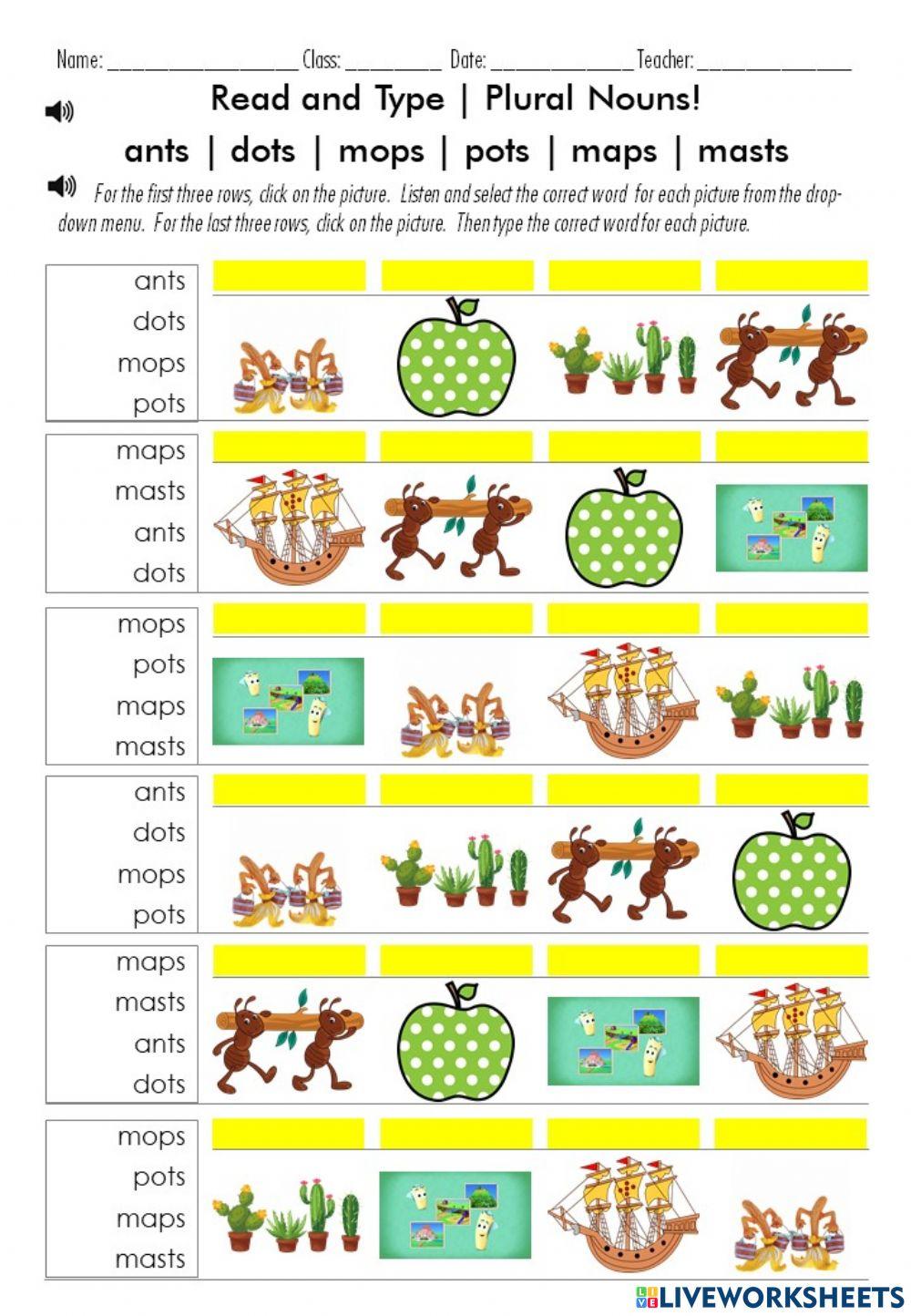 Read and Type Plural Nouns. Words dig gas pig tag stag