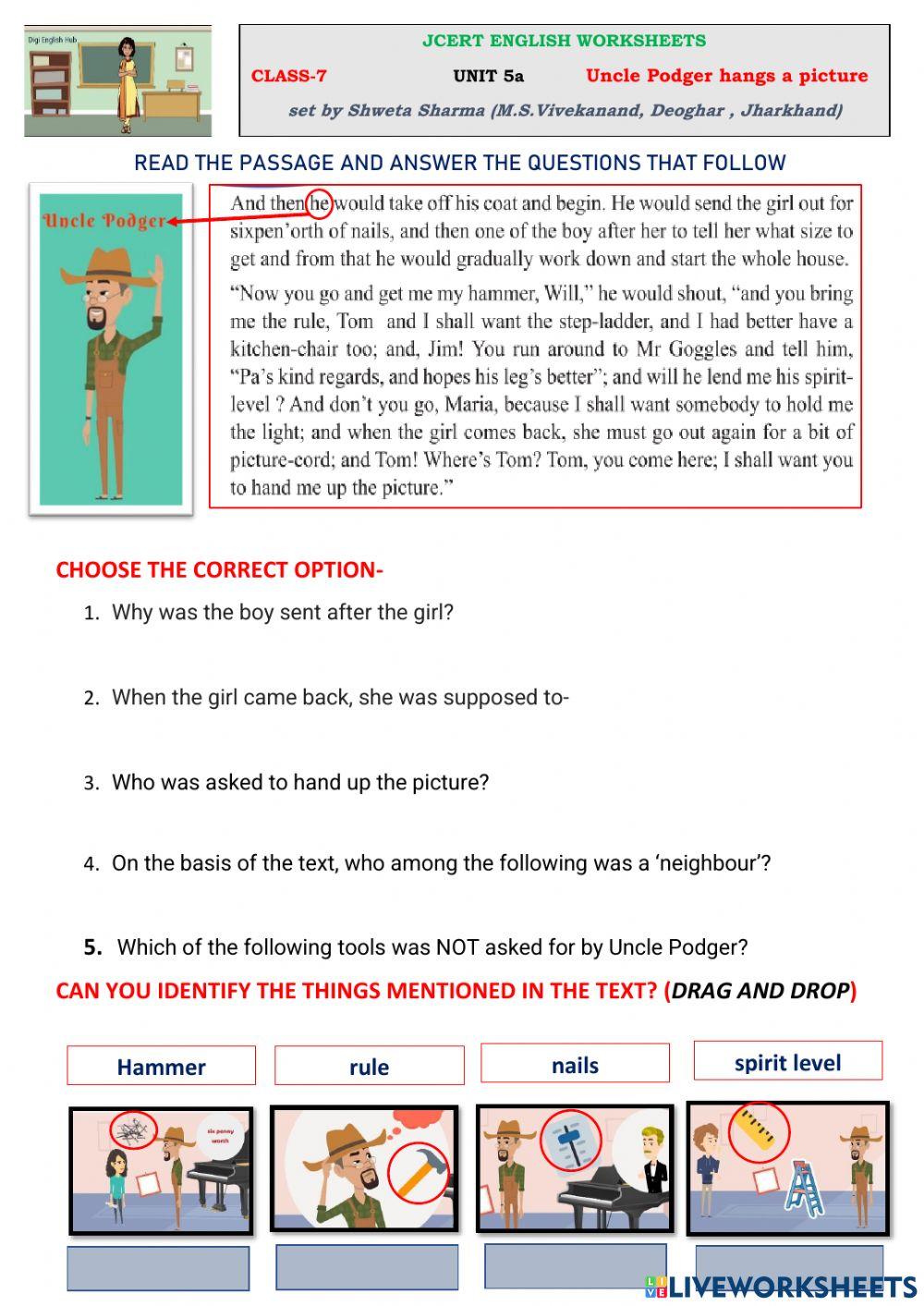 JCERT English class 7 unit 5a Uncle Podger hangs a picture