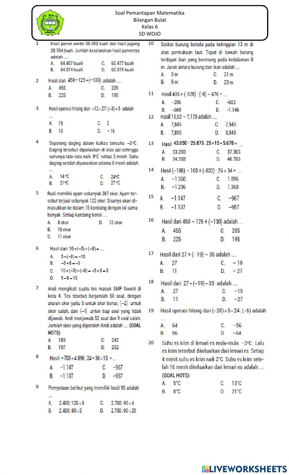 Pemantapan latihan soal bilangan bulat
