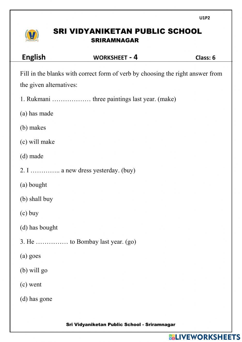 6th english ws 4 tenses