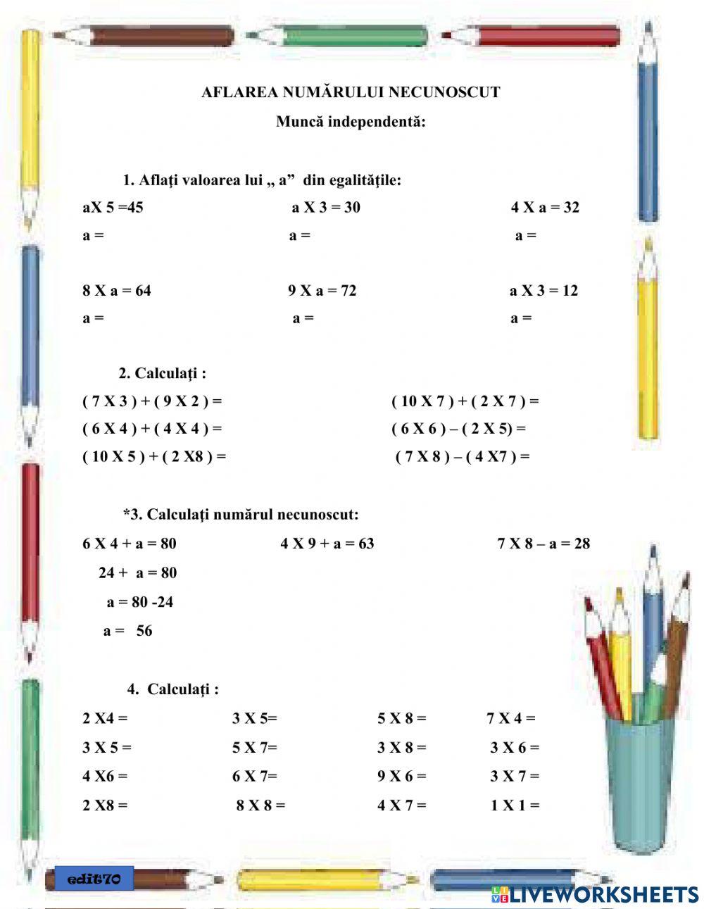 Aflarea numărului necunoscut (Fișă de lucru)