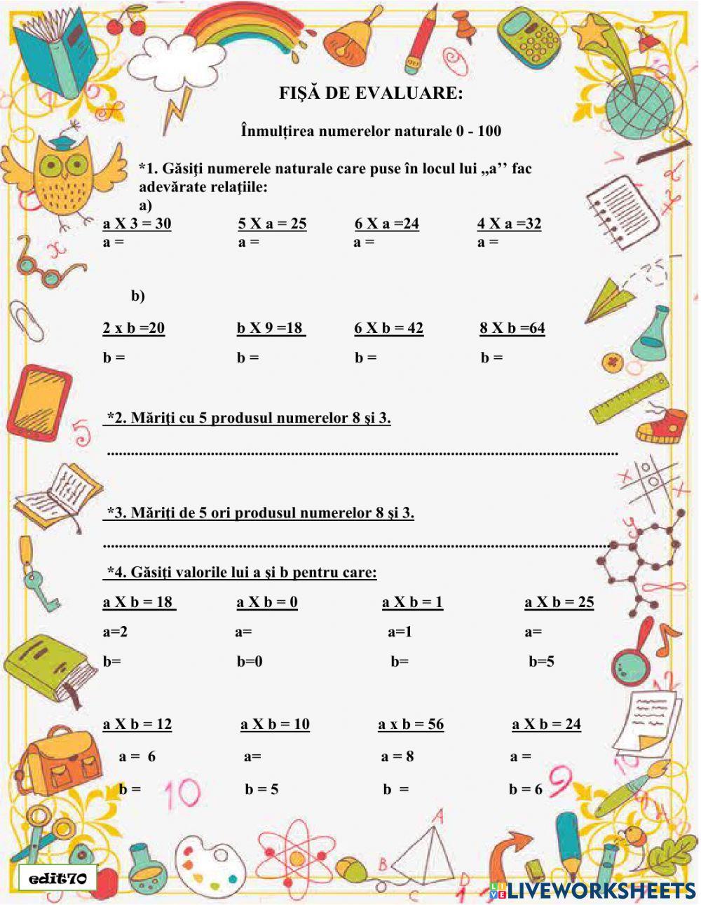 Înmulțirea numerelor naturale 0 - 100