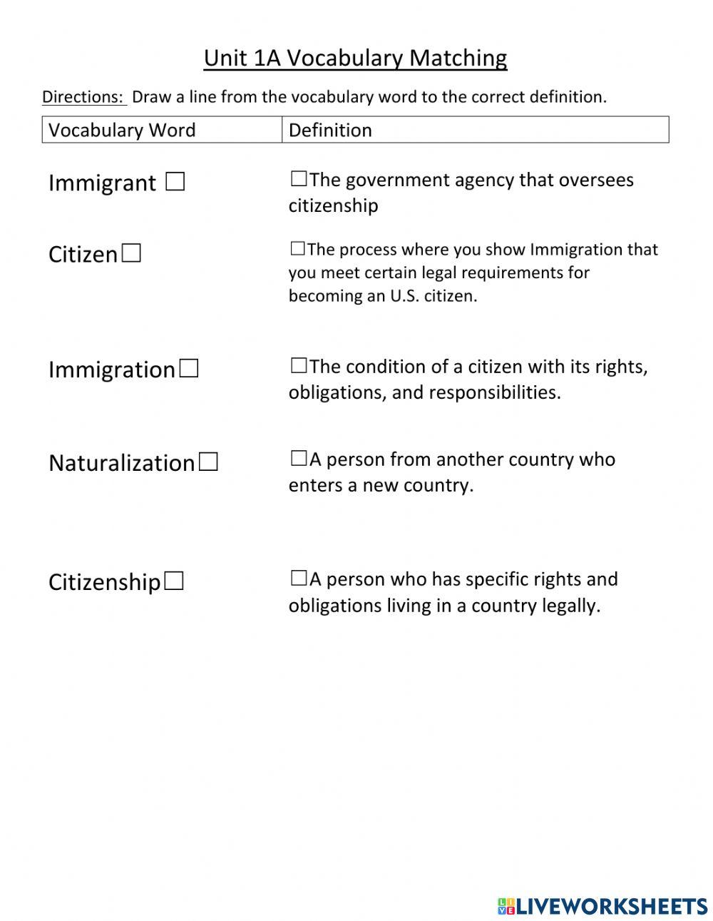 Unit 1A Paths to Citizenship Vocabulary Matching