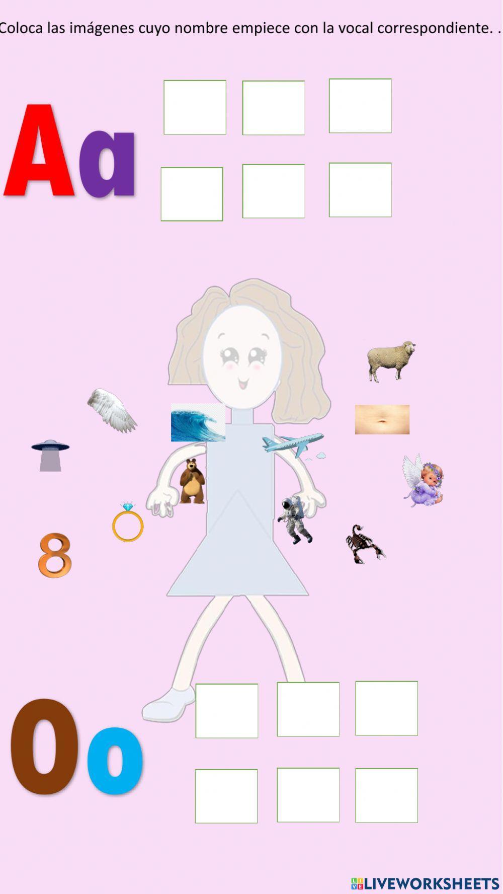 Coloca las imágenes cuyo combre empiece con la vocal correspondiente.