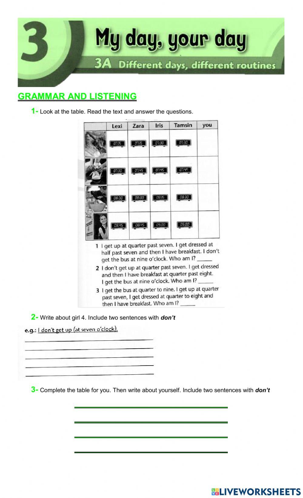My day, your day- diffrent routines - LISTENING