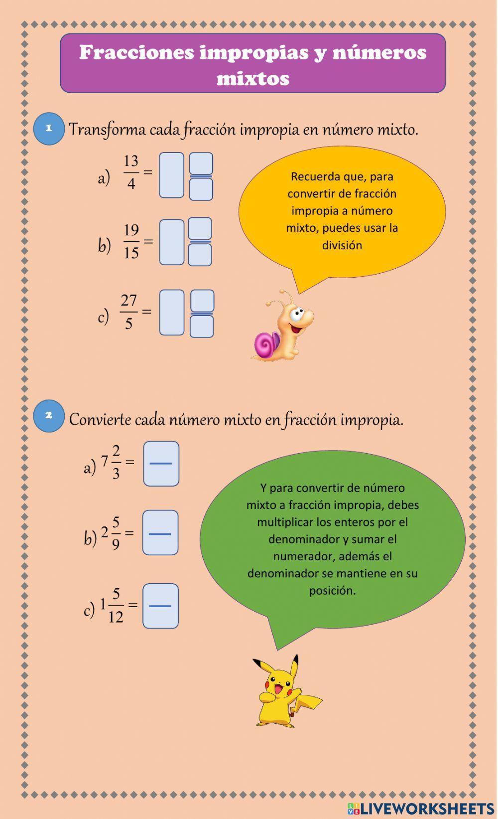 Fracciones impropias y números mixtos