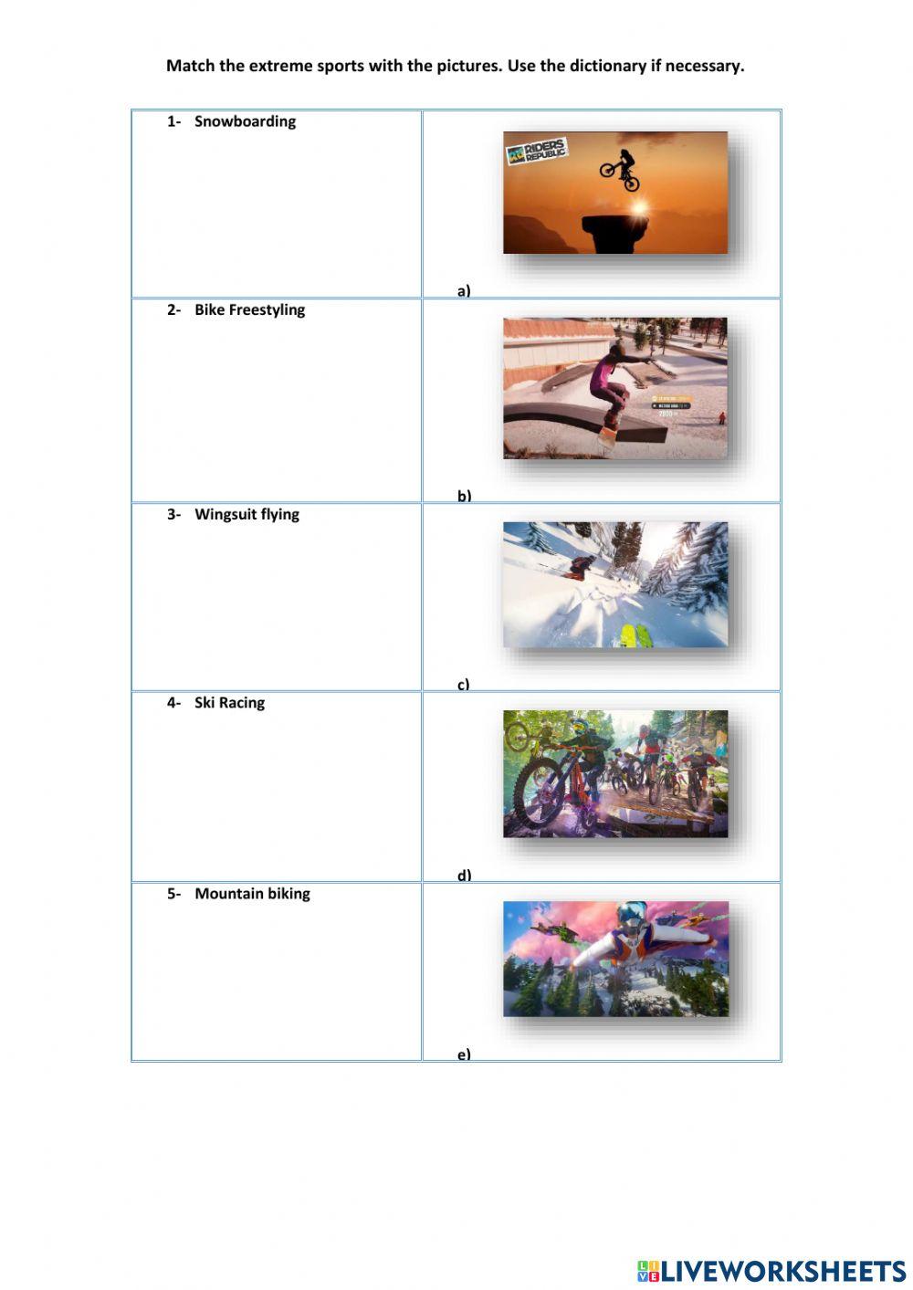 Match the extreme sports with the pictures. Use the dictionary if necessary.