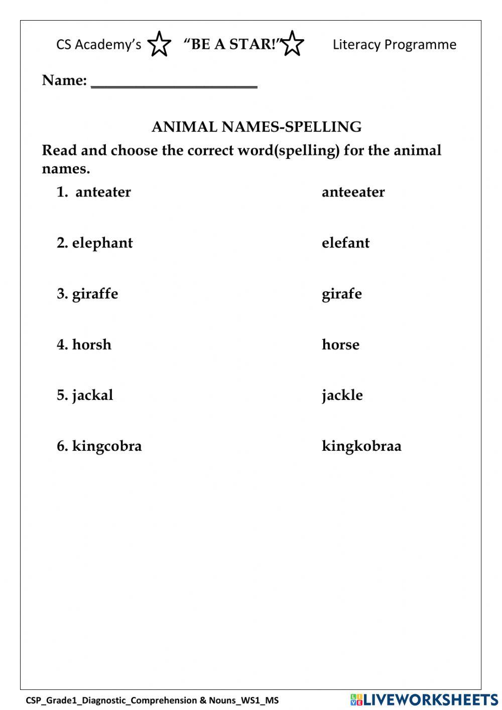 Animal names- Spelling 1