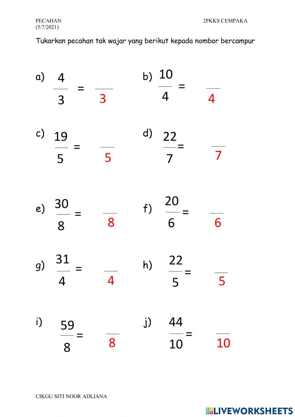 Pecahan tak wajar kepada nombor bercampur