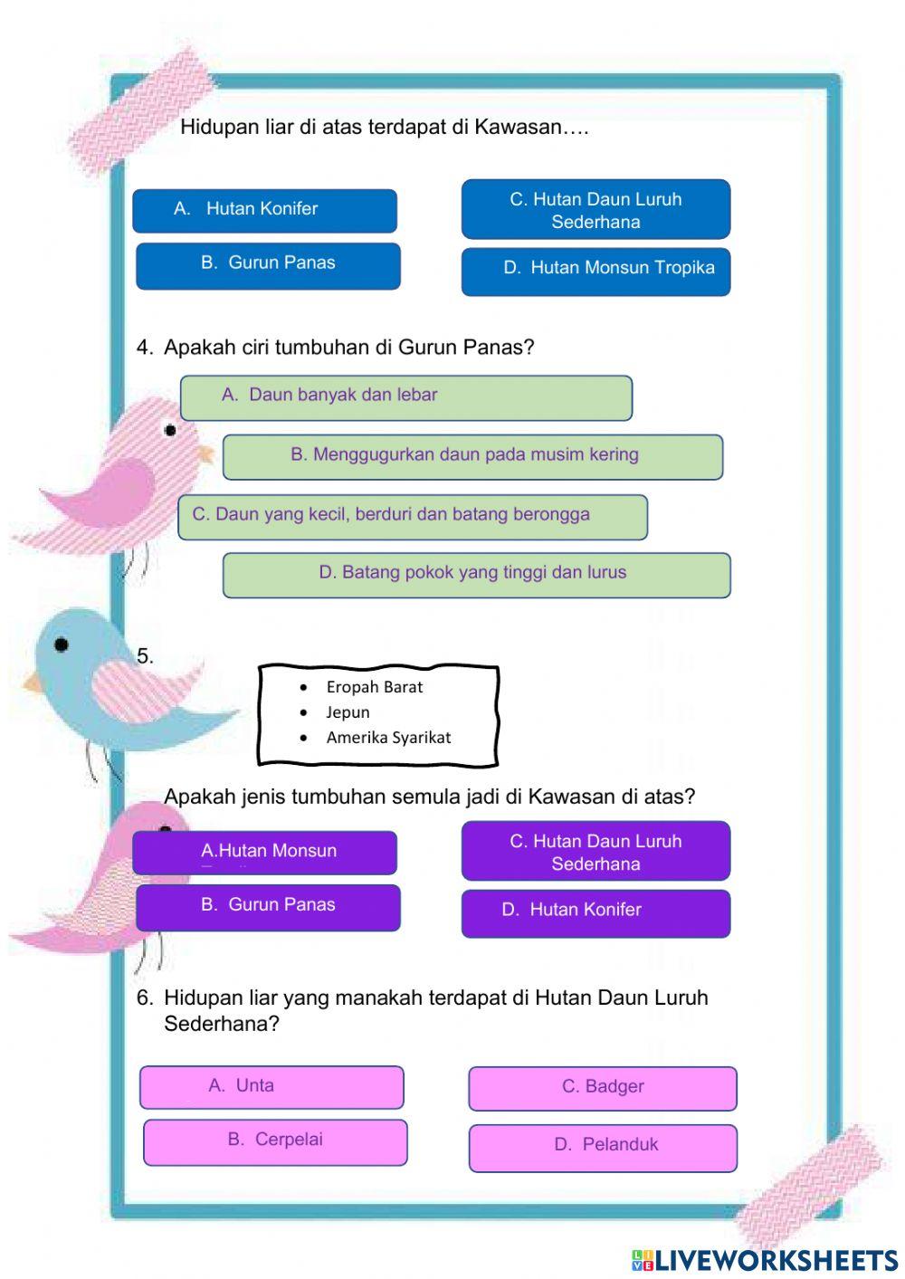 T3 latihan 1 bab 8 tumbuhan semula jadi dan hidupan liar di dunia