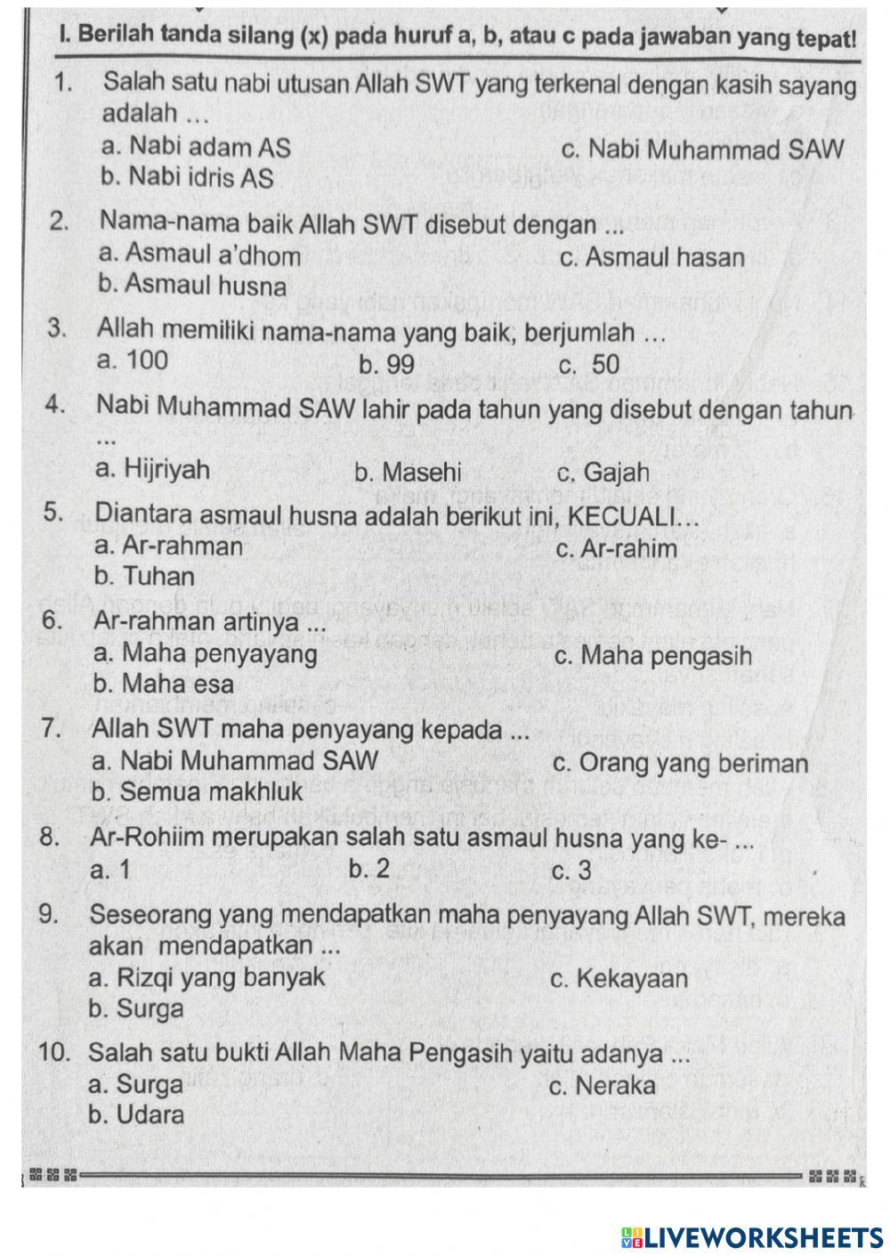 Penilaian harian pai bp kelas 1 bab 1 kasih sayaang
