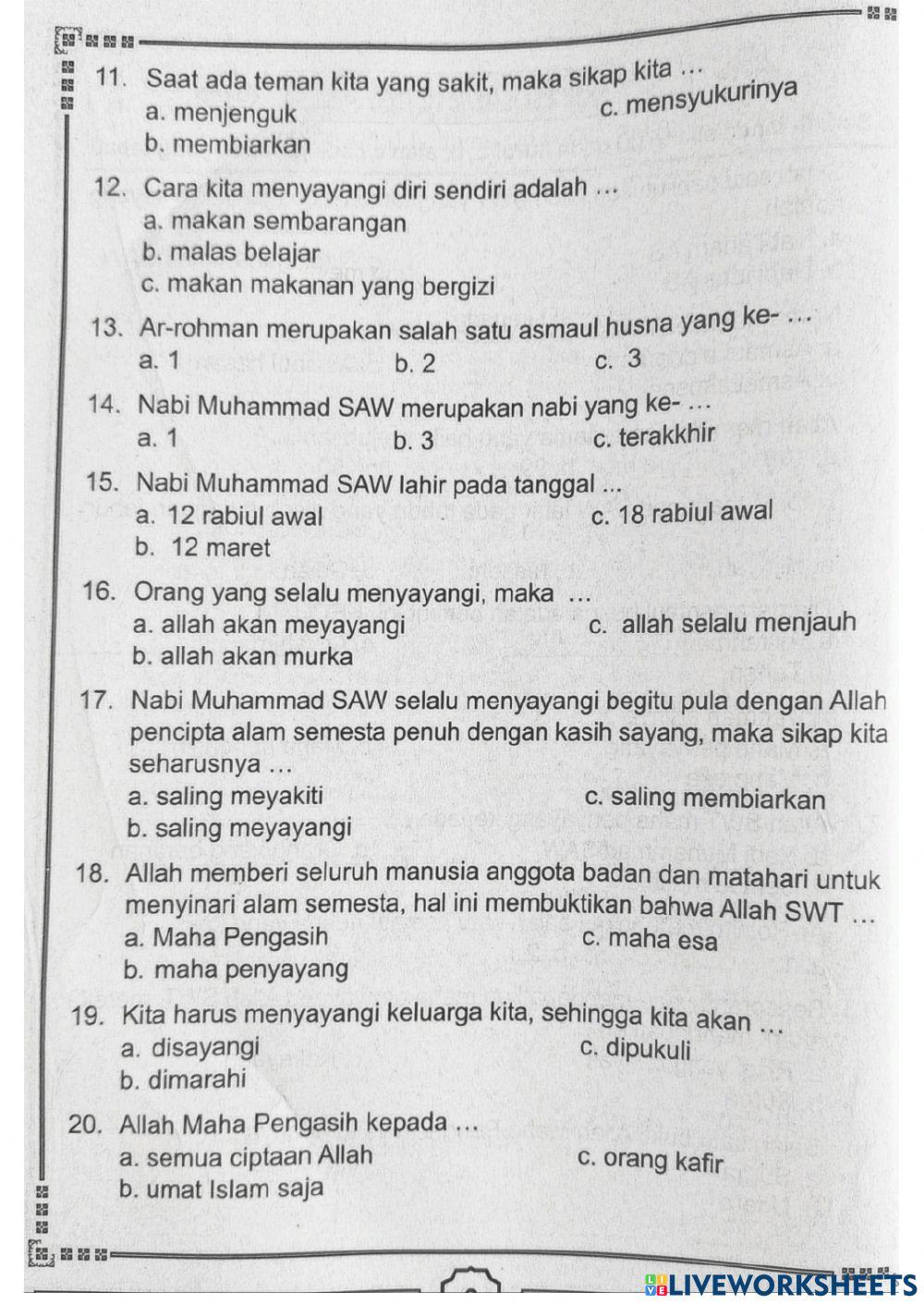 Penilaian harian pai bp kelas 1 bab 1 kasih sayaang