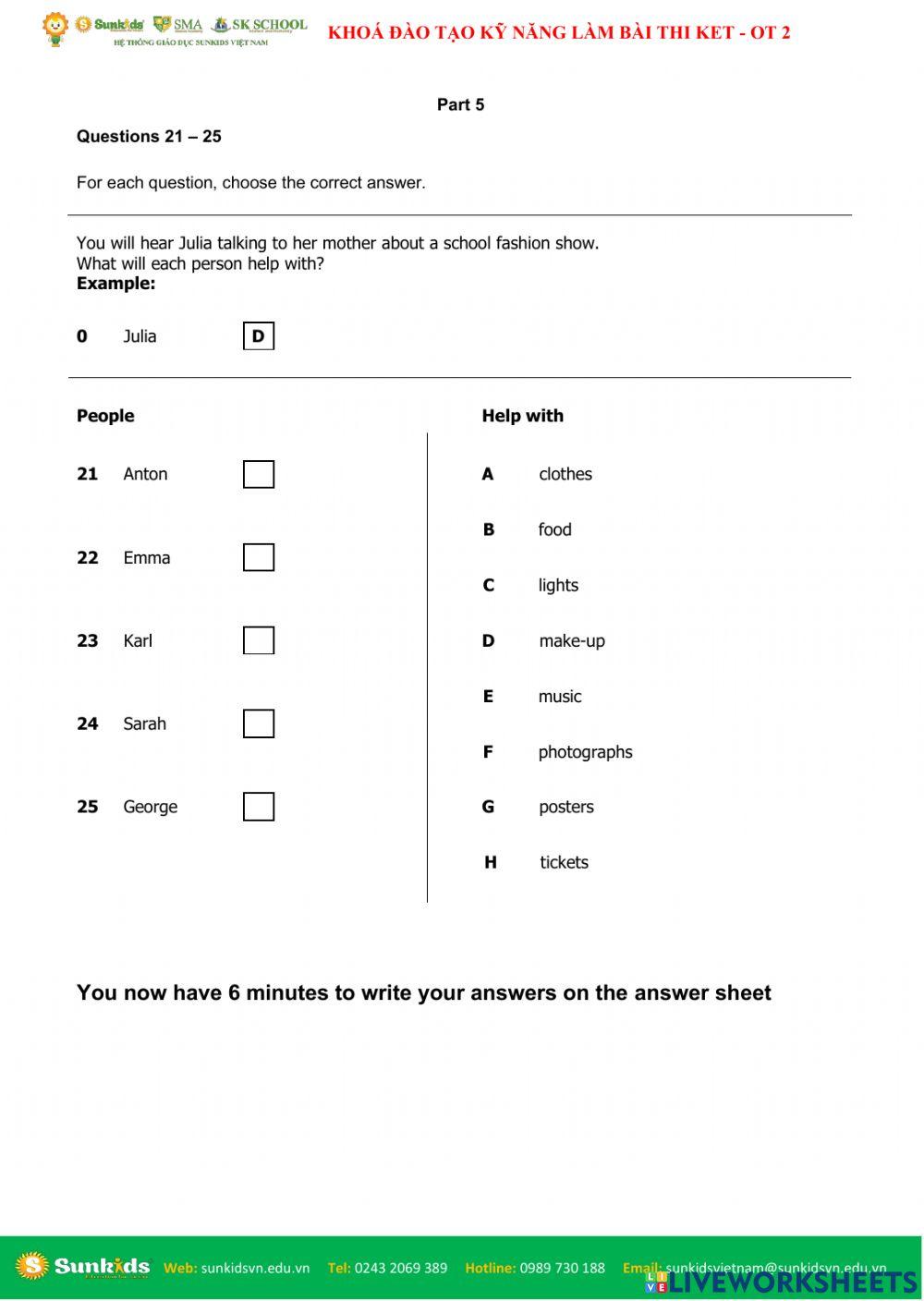 ĐTNQ14B-KET.E.SK -  KHOÁ ĐÀO TẠO KỸ NĂNG LÀM BÀI THI KET(A2 KEY FOR SCHOOL)(KET.E)-Listening