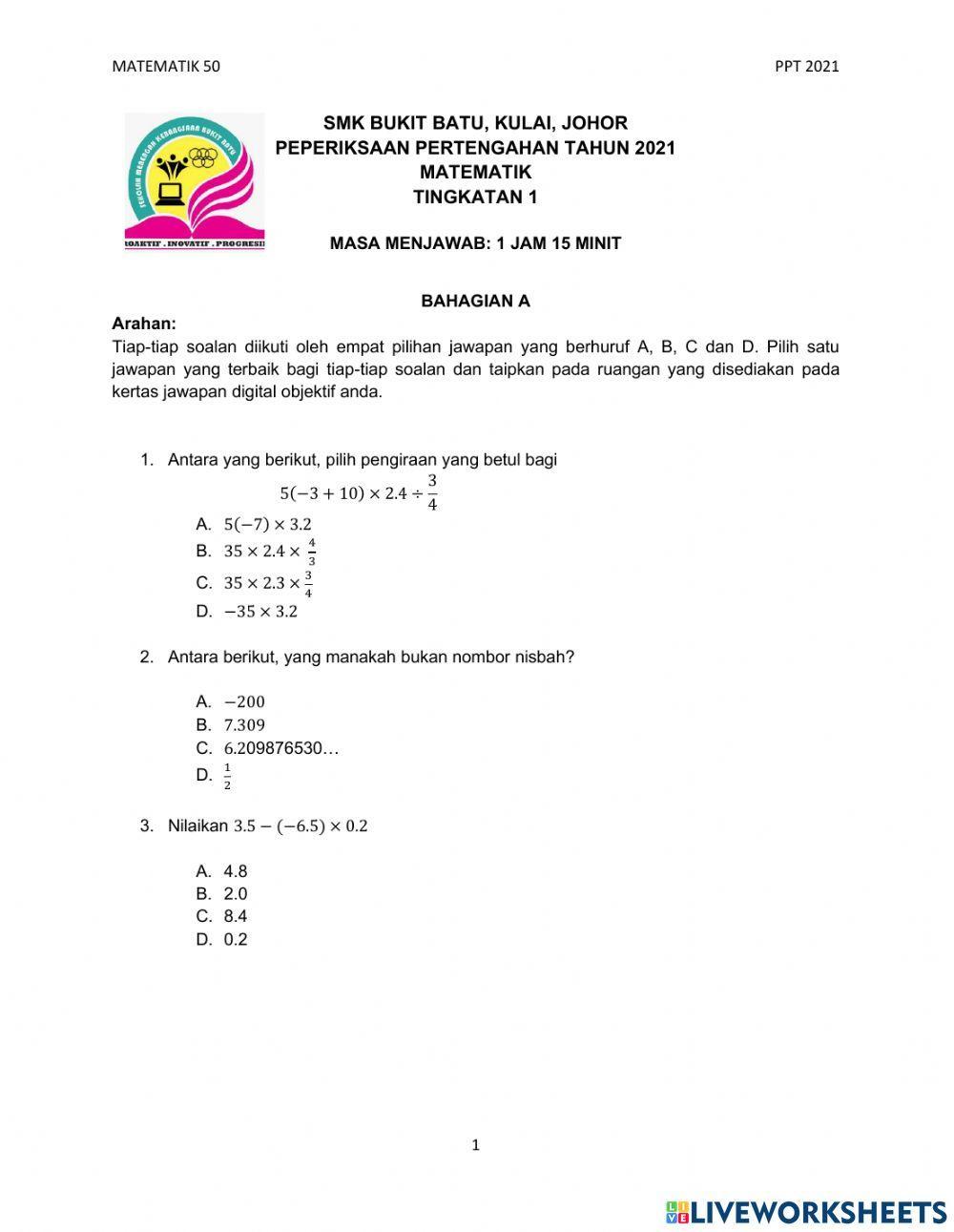 Peperiksaan pertengahan tahun matematik tingkatan 1 Peperiksaan pertengahan tahun matematik tingkatan 1