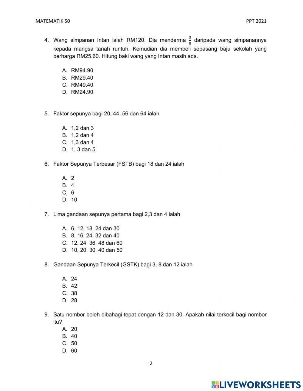 Peperiksaan pertengahan tahun matematik tingkatan 1