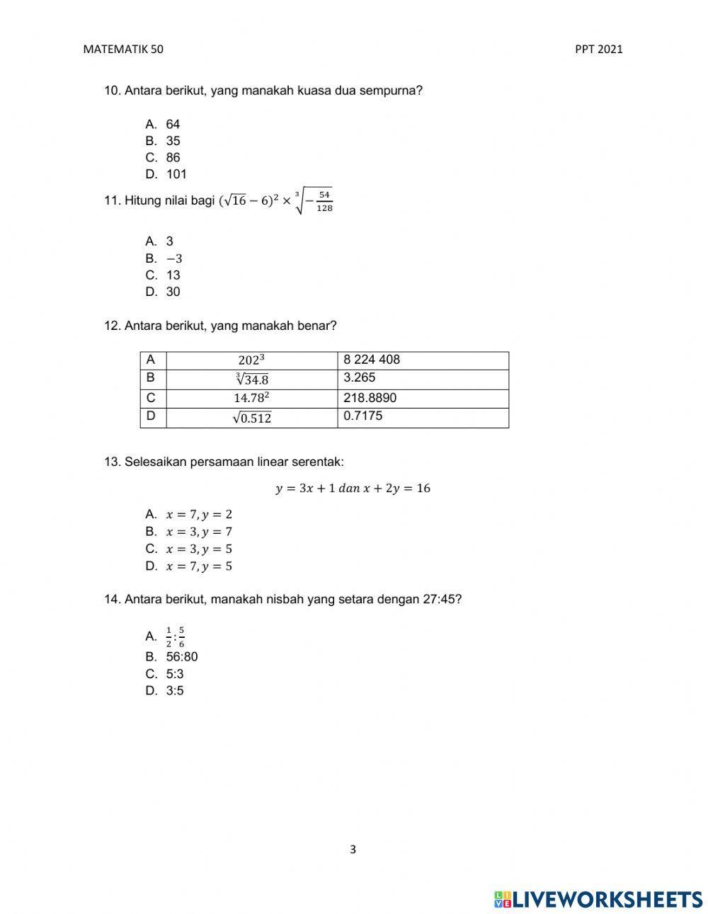 Peperiksaan pertengahan tahun matematik tingkatan 1