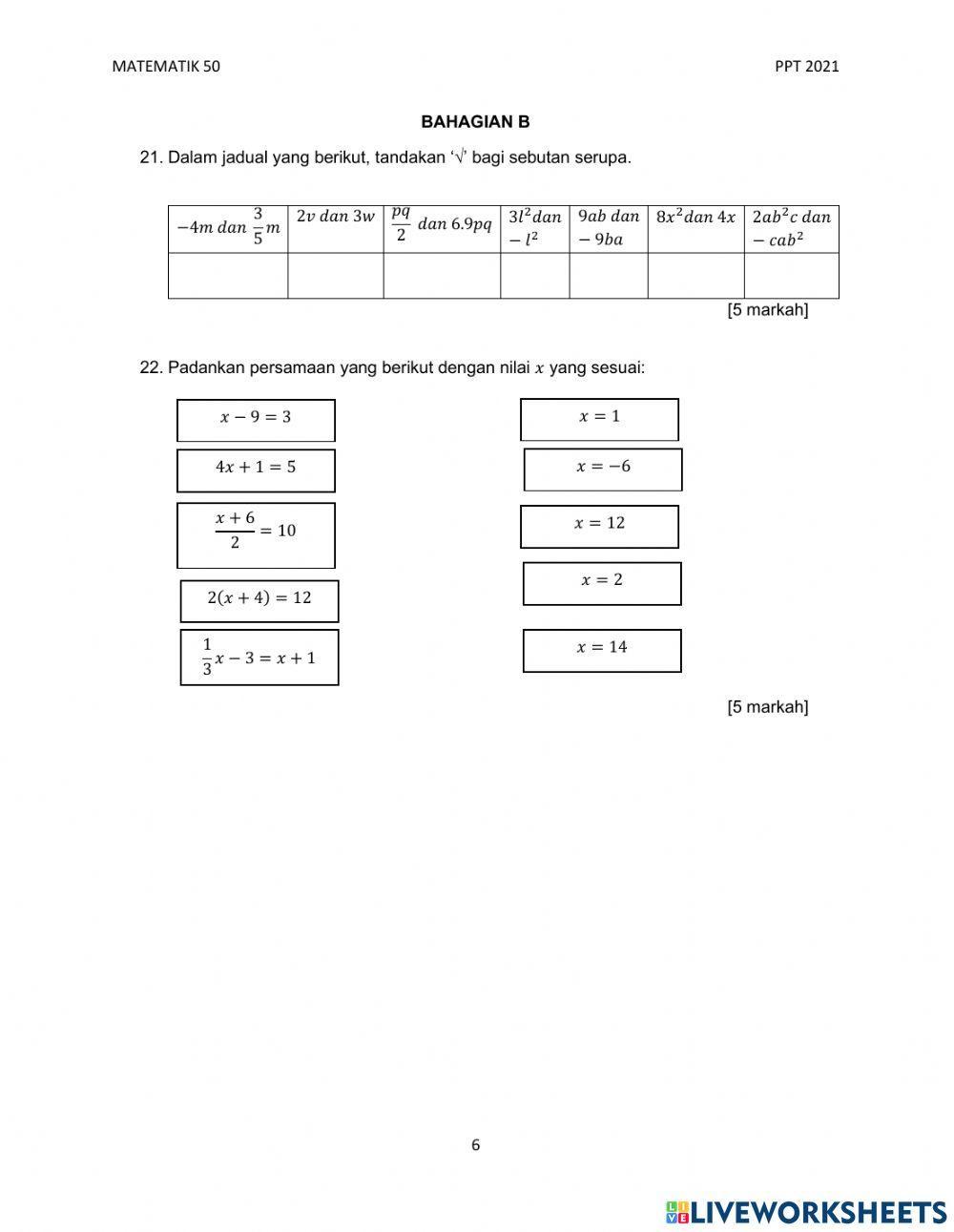 Peperiksaan pertengahan tahun matematik tingkatan 1