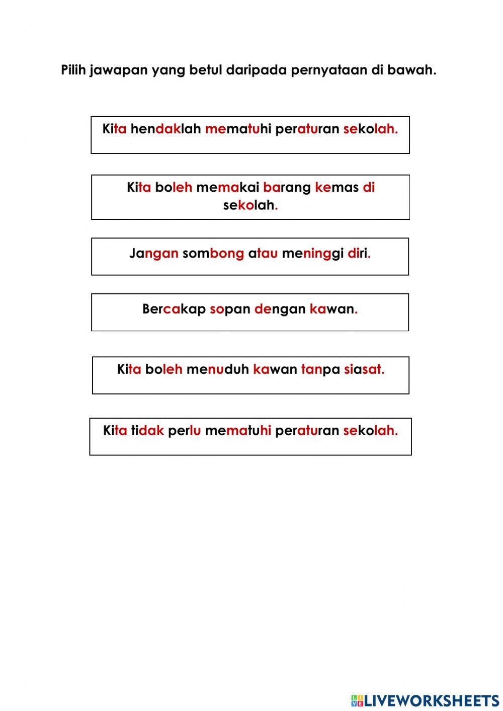 Pilih Peraturan Worksheet