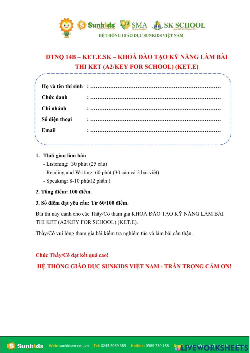 ĐTNQ14B-KET-E.SK- KHOÁ ĐÀO TẠO KỸ NĂNG LÀM BÀI THI KET(A2 KEY FOR SCHOOL)(KET.E)- Reading