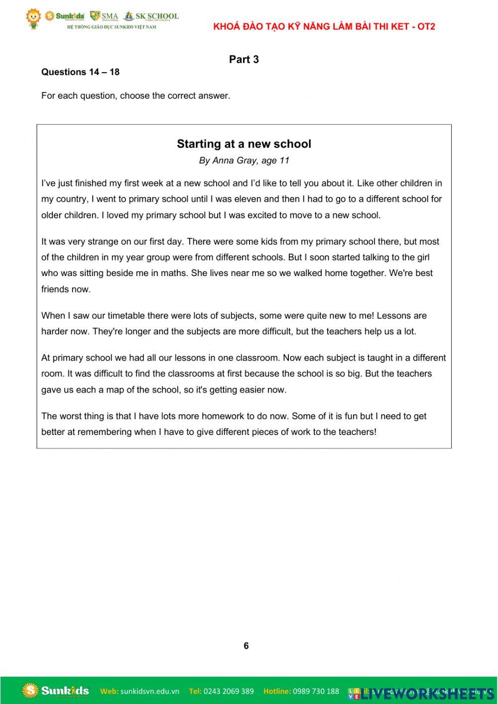 ĐTNQ14B-KET-E.SK- KHOÁ ĐÀO TẠO KỸ NĂNG LÀM BÀI THI KET(A2 KEY FOR SCHOOL)(KET.E)- Reading