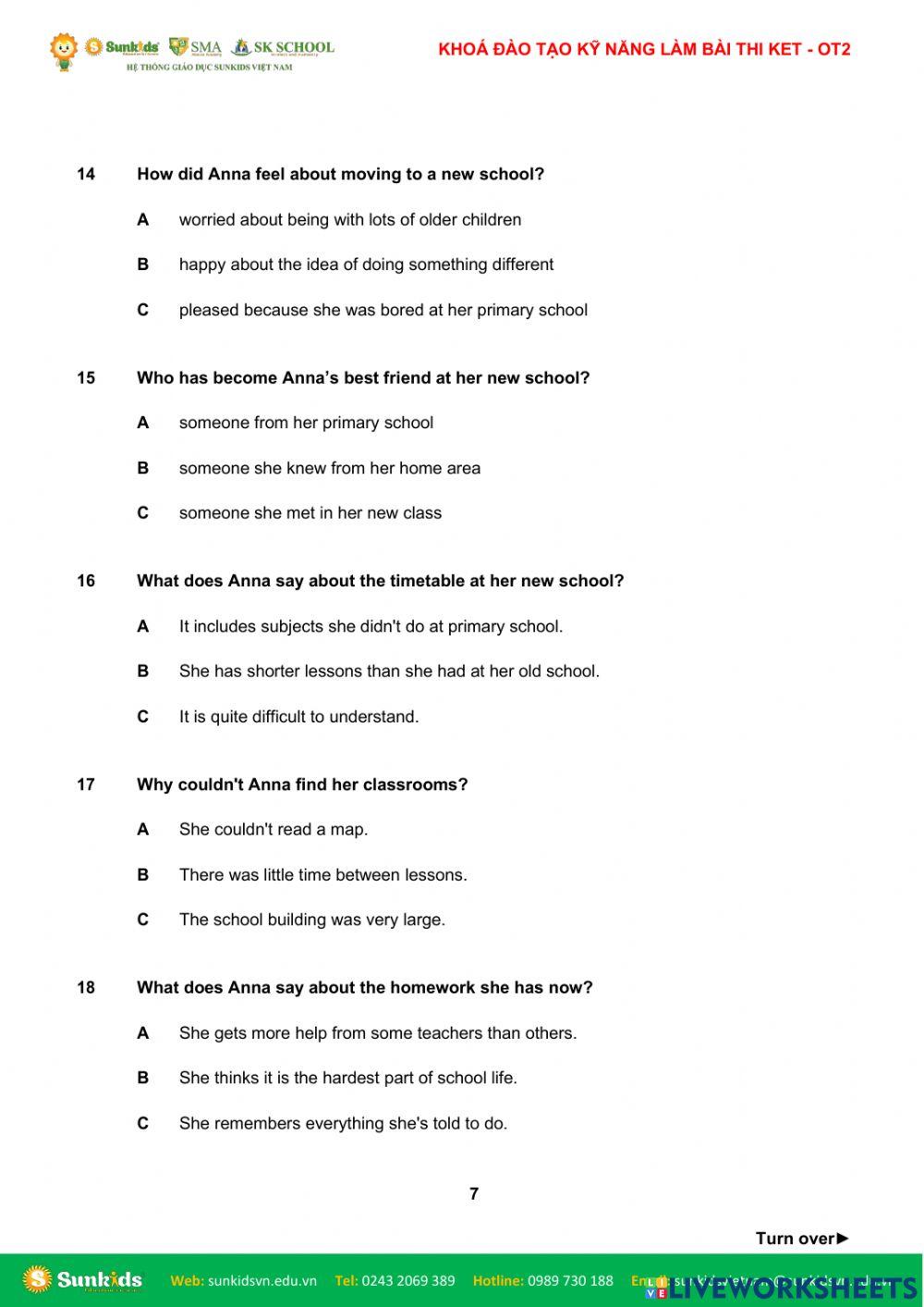 ĐTNQ14B-KET-E.SK- KHOÁ ĐÀO TẠO KỸ NĂNG LÀM BÀI THI KET(A2 KEY FOR SCHOOL)(KET.E)- Reading