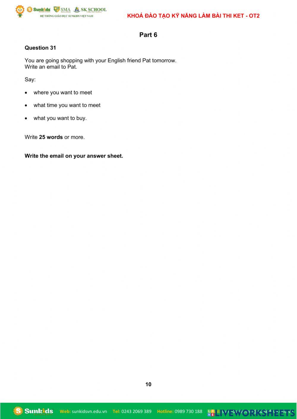 ĐTNQ14B-KET-E.SK- KHOÁ ĐÀO TẠO KỸ NĂNG LÀM BÀI THI KET(A2 KEY FOR SCHOOL)(KET.E) - Writing