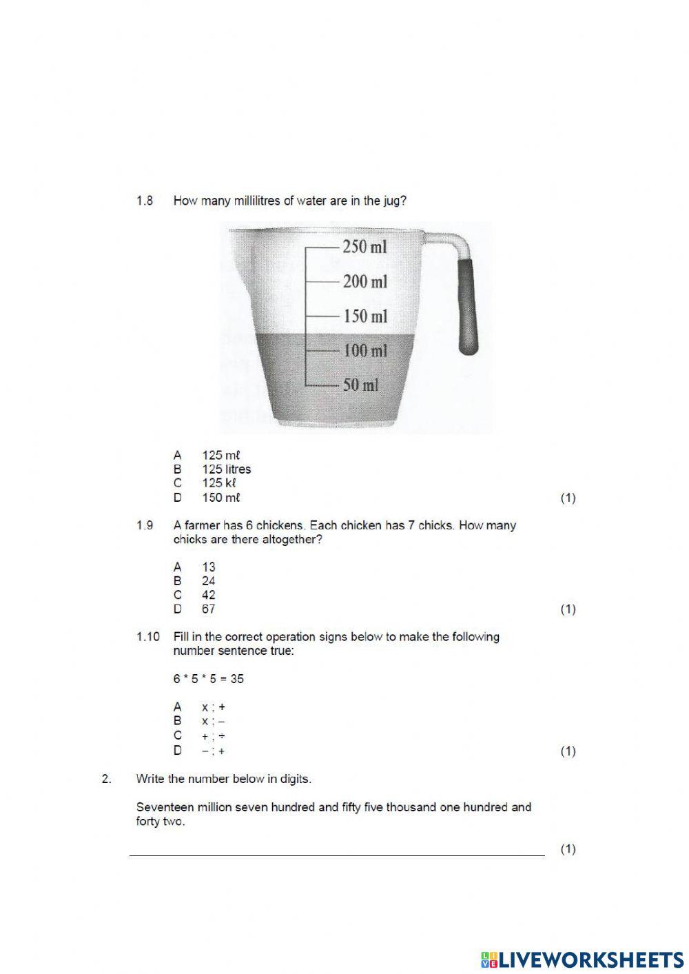 Grade 6 Math exam paper