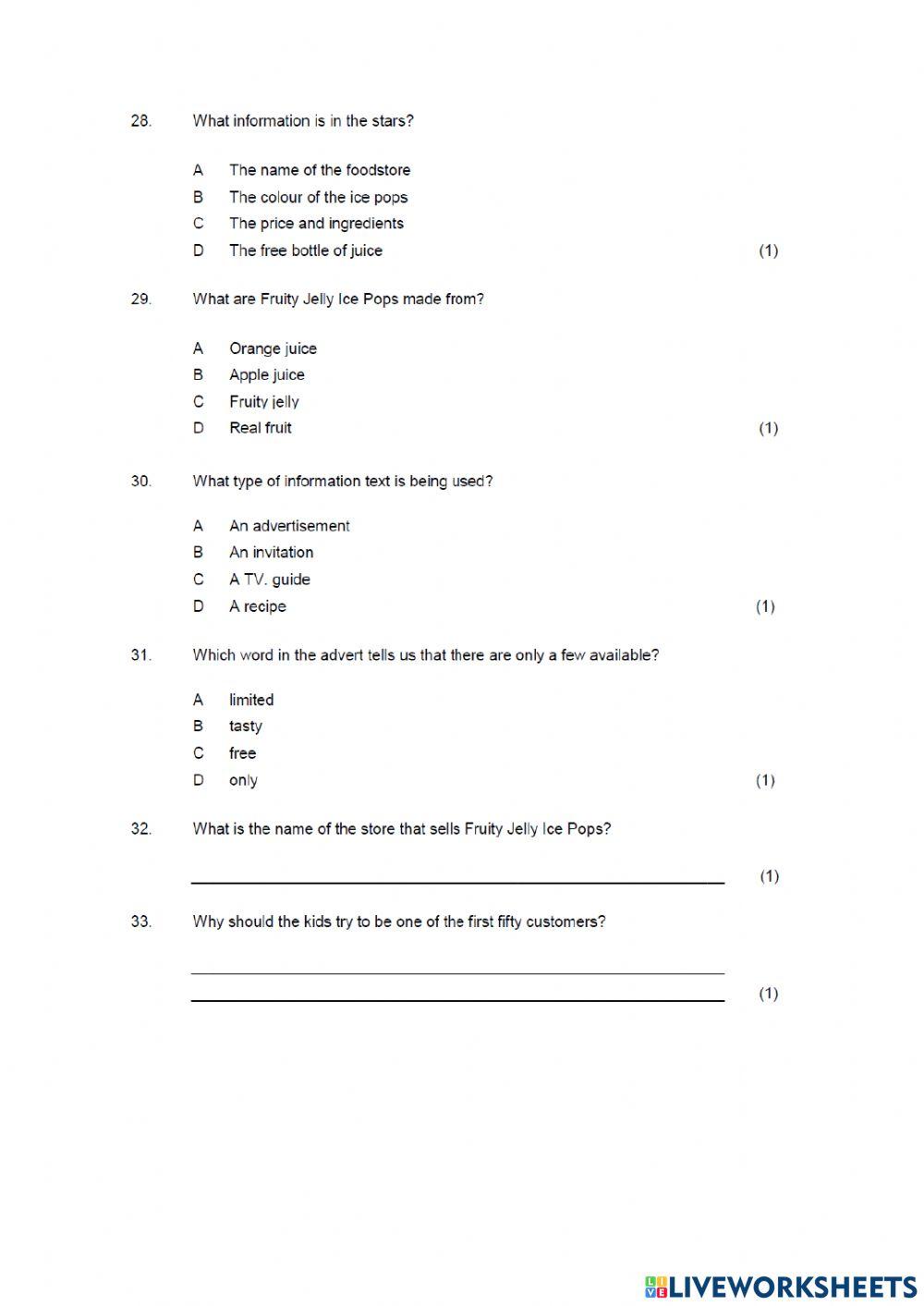 Grade 4 English Grammer exam part 1