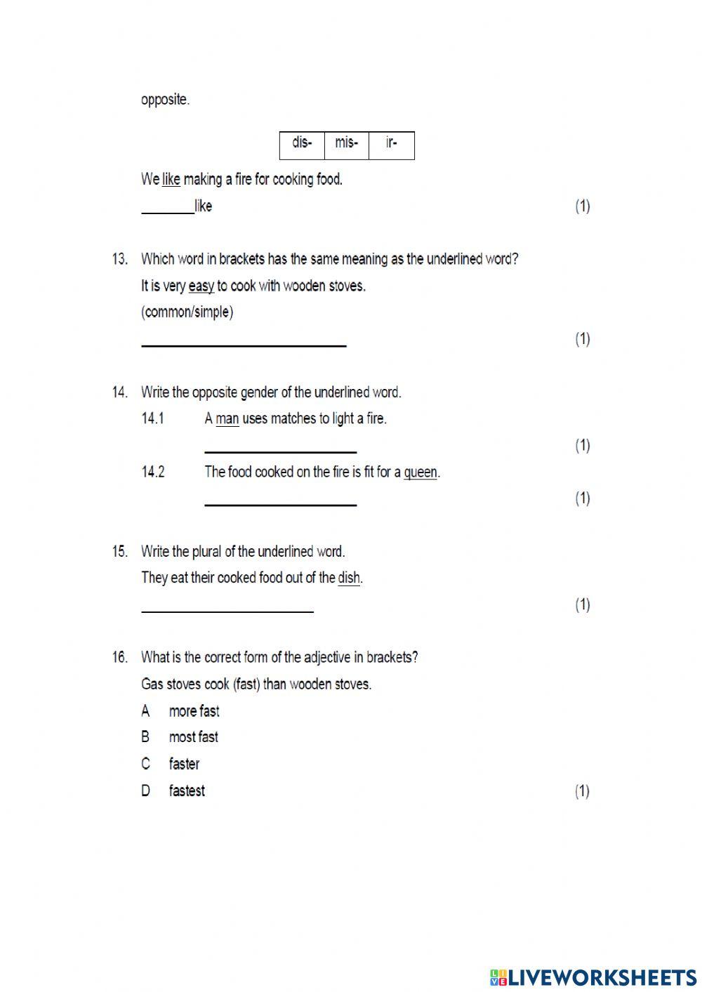Grade 5 English grammer exam paper 1 part 1