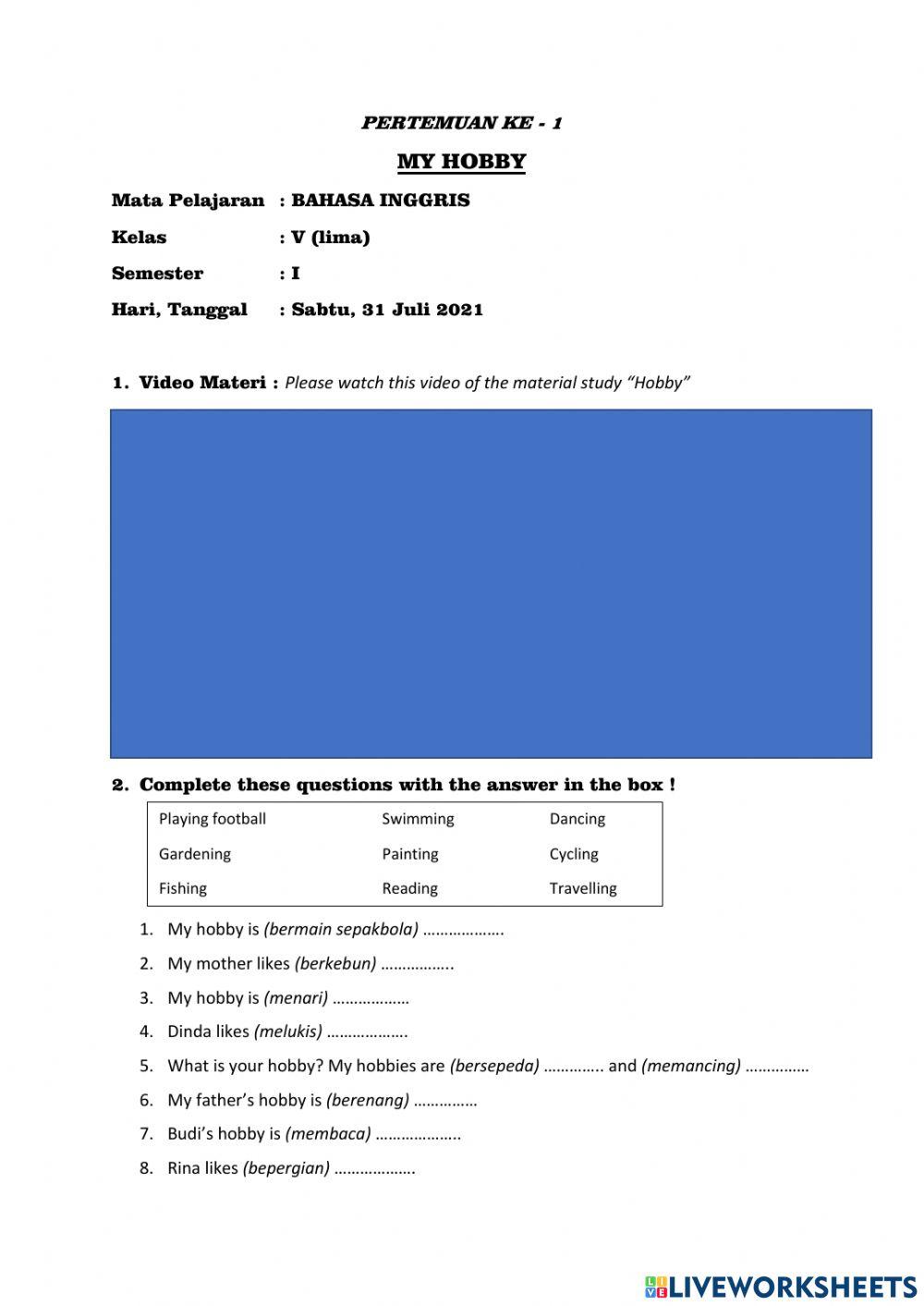 Pertemuan ke-1 My Hobby