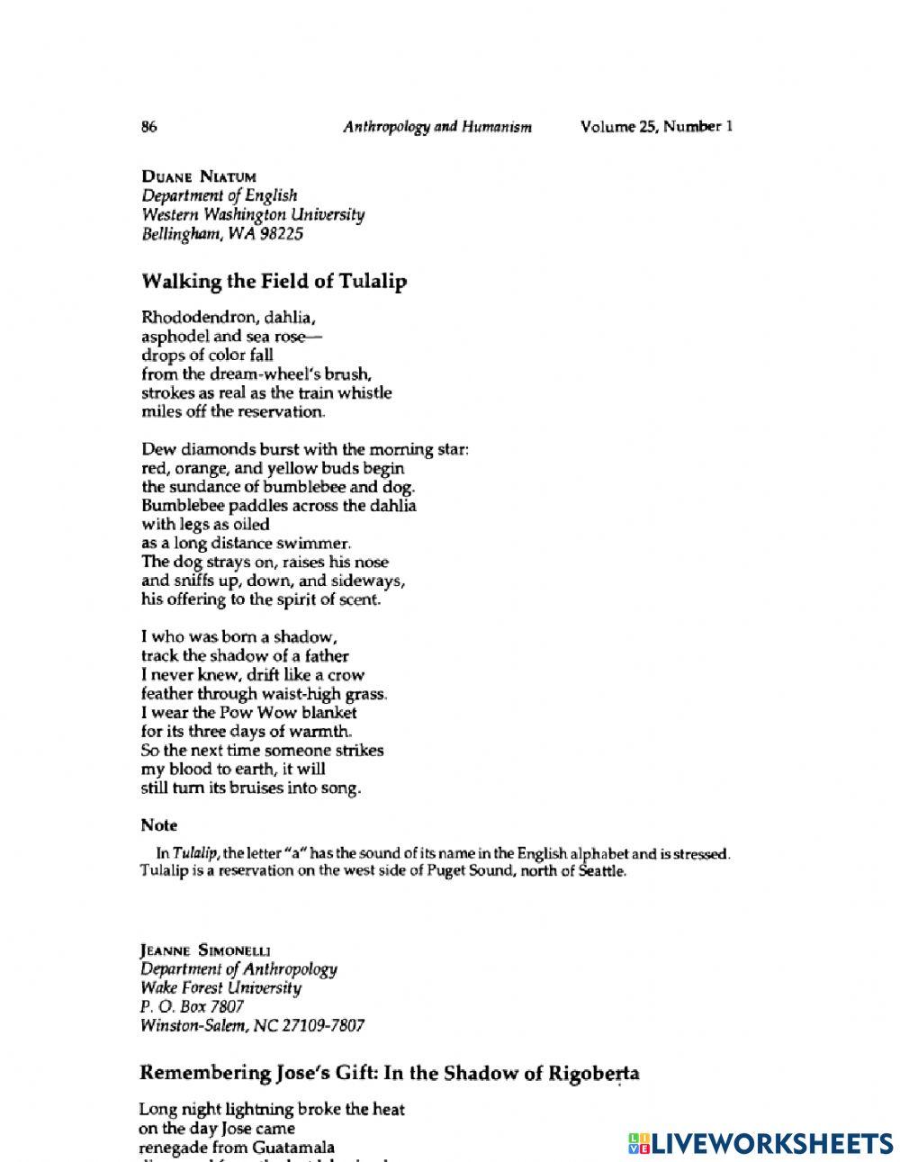 Seasonal Lifeways-Poem Analysis and Reading Comprehension Seasonal Lifeways-Poem Analysis and Reading Comprehension