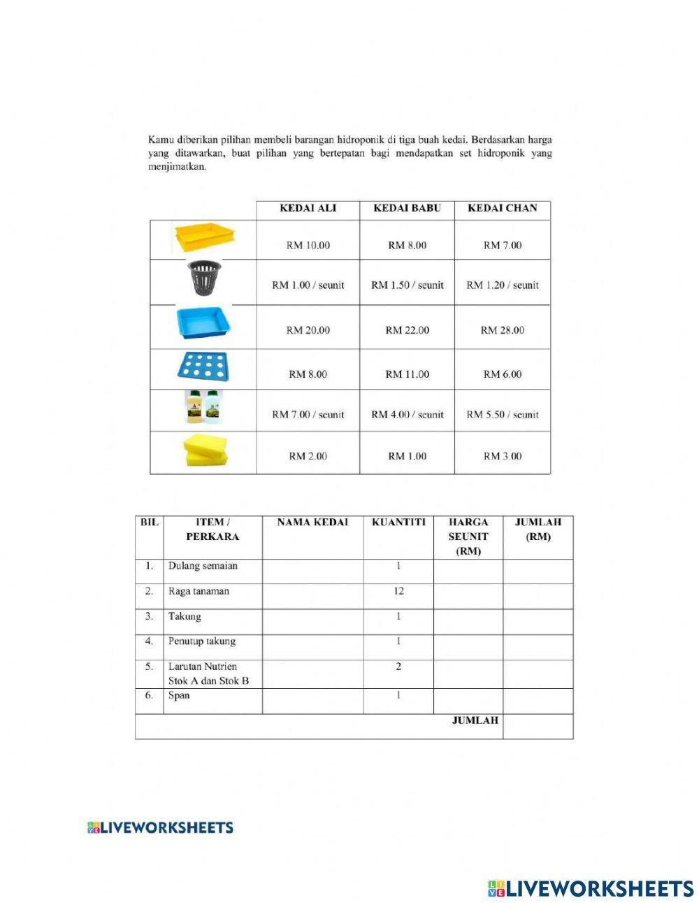 Mengira kos bahan Hidroponik