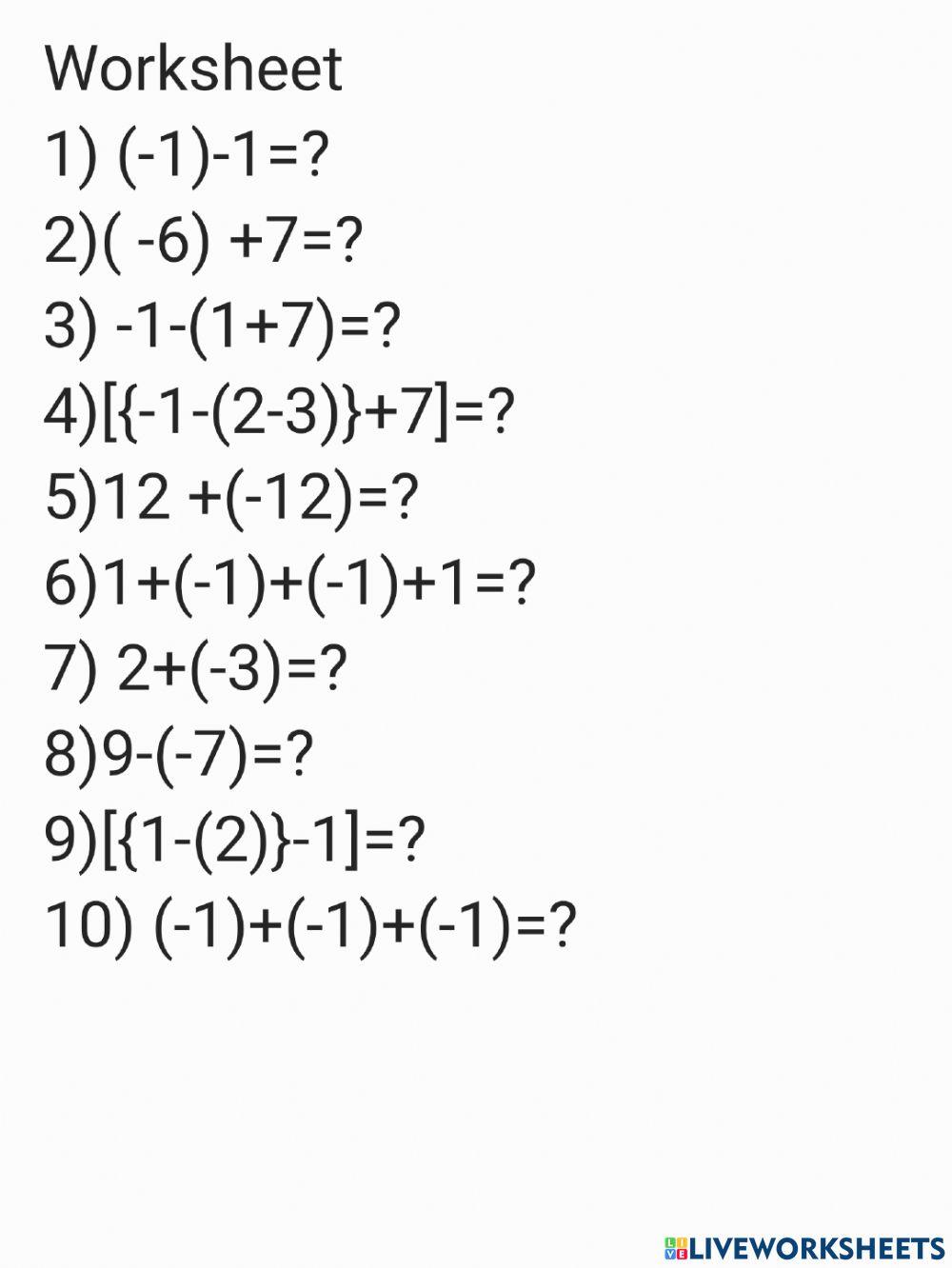 Integer online pdf worksheet live worksheets