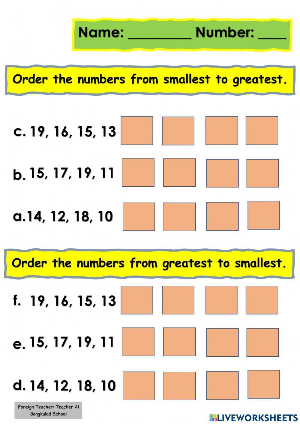 Ordering Numbers up to 20