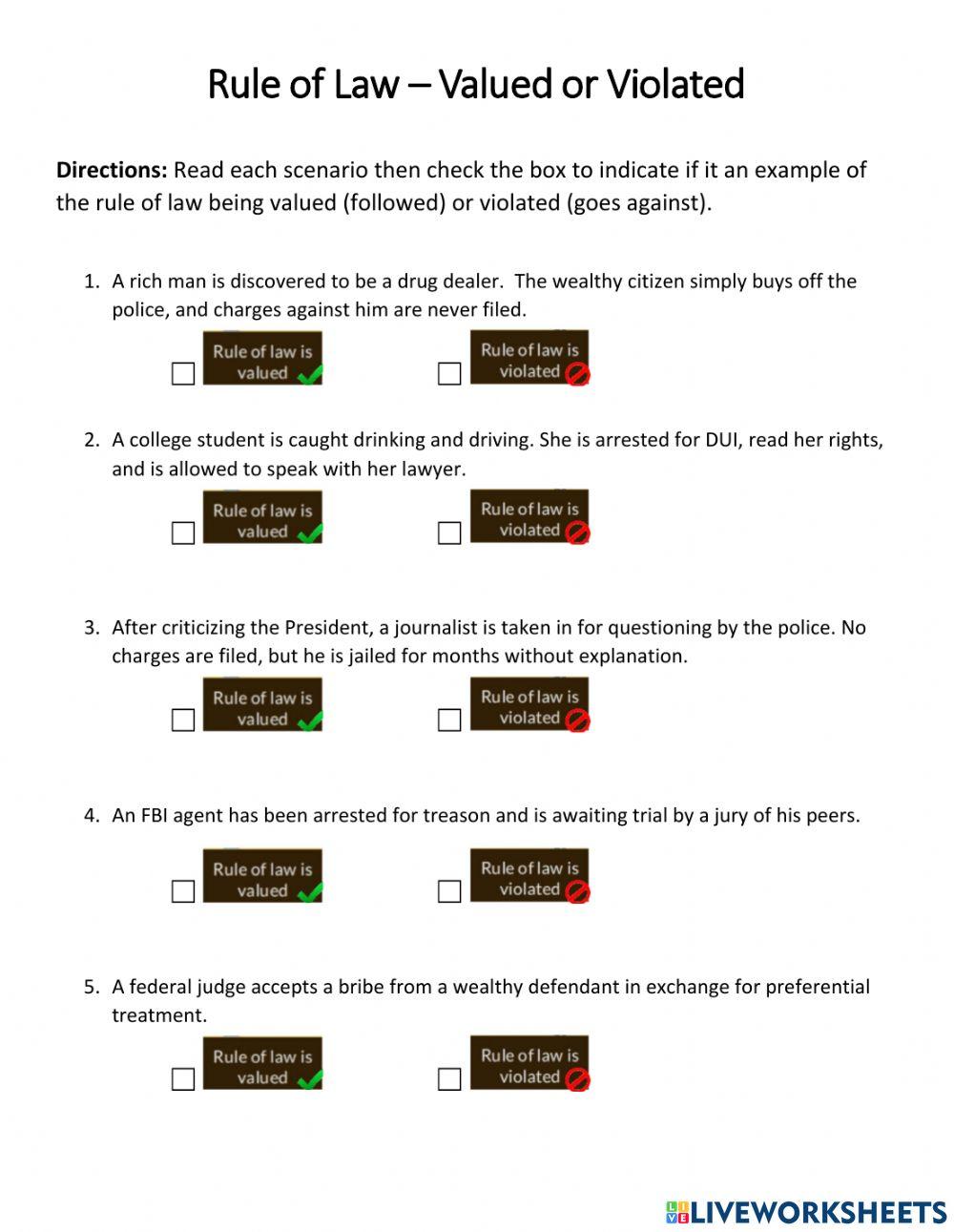 Rule of Law Valued or Violated worksheet Live Worksheets