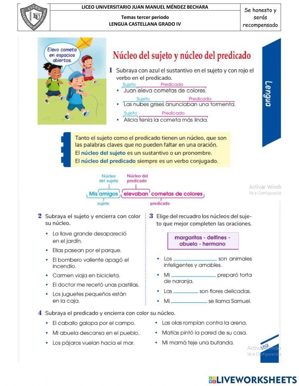 Núcleo del sujeto y núcleo del predicado