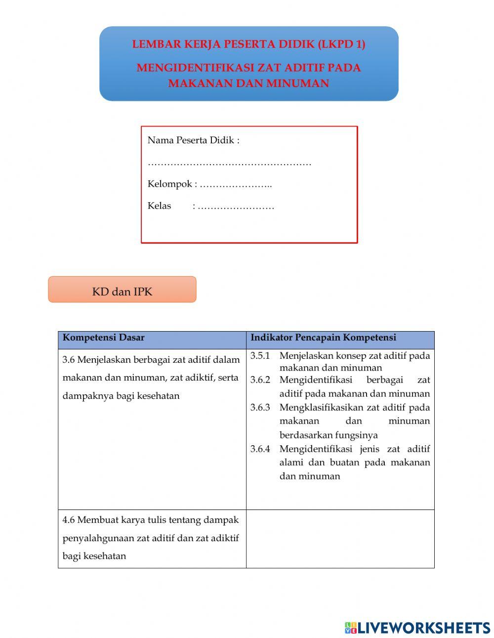 LKPD 1 Materi Zat Aditif Pada Makanan dan Minuman