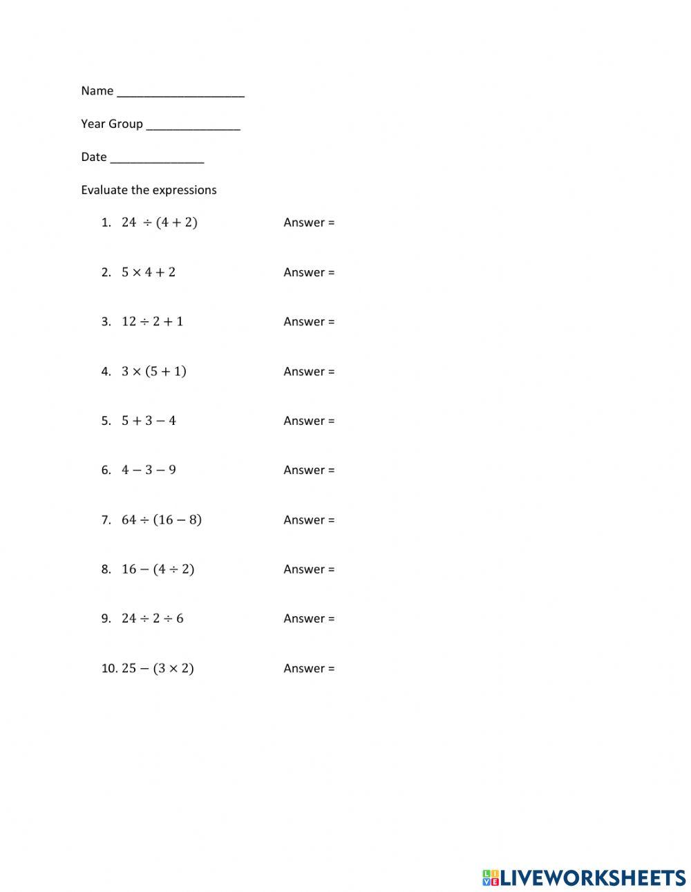 Order of Operations - Two Steps
