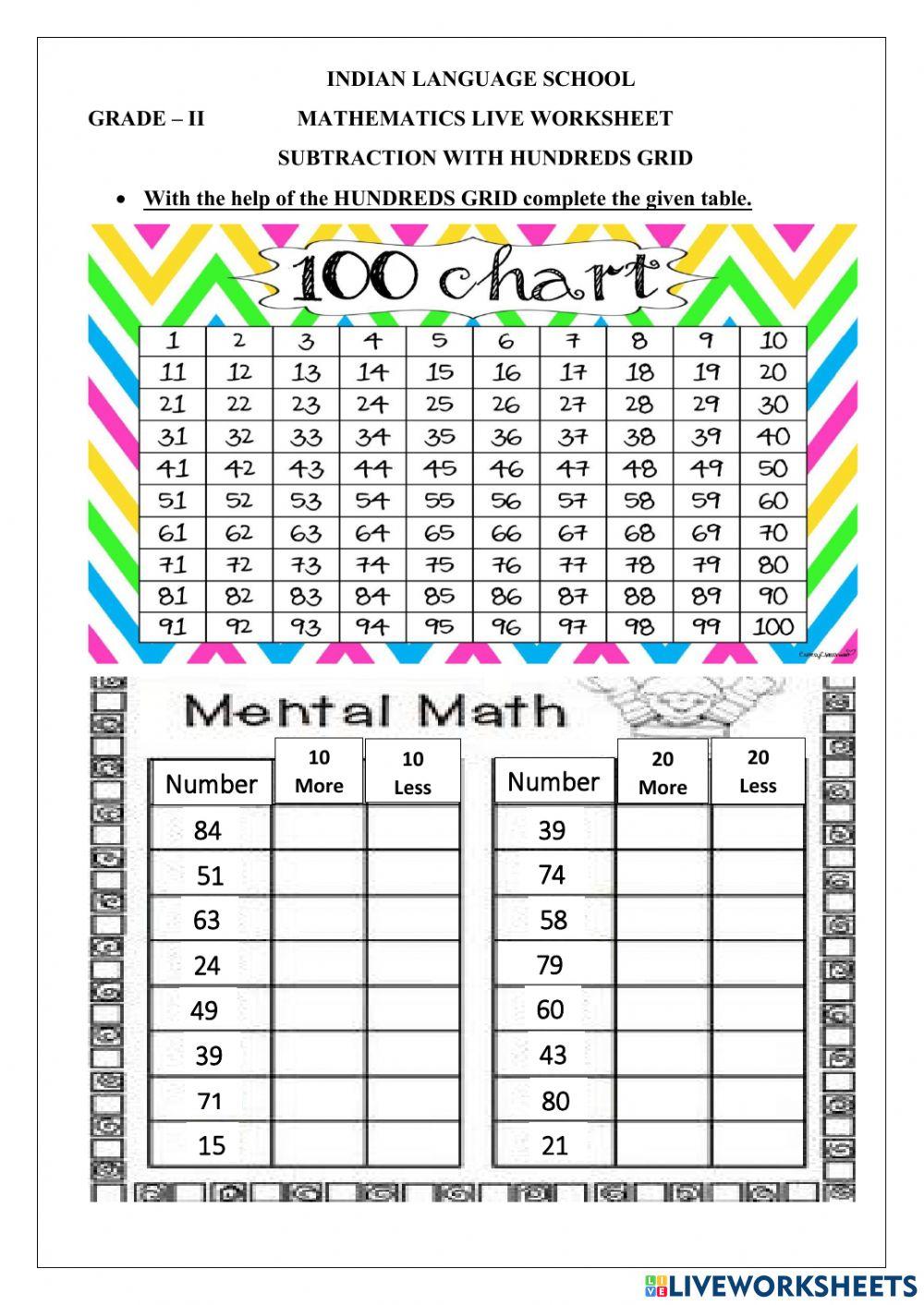 Subtraction with hundreds grid worksheet | Live Worksheets