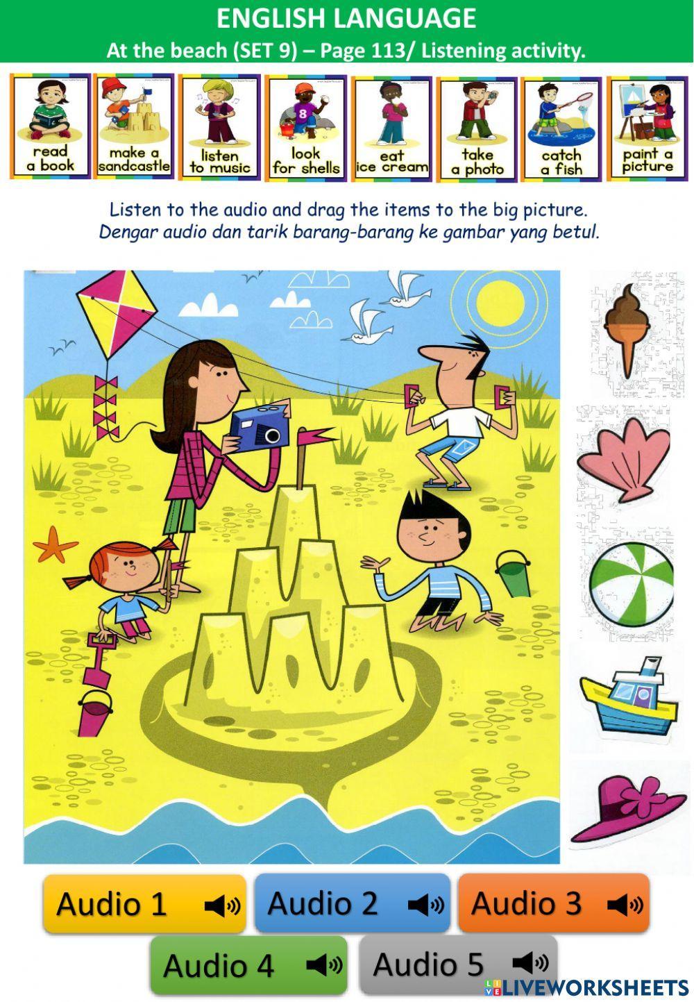 At the beach (9) - listening and writing - I like - I don't like